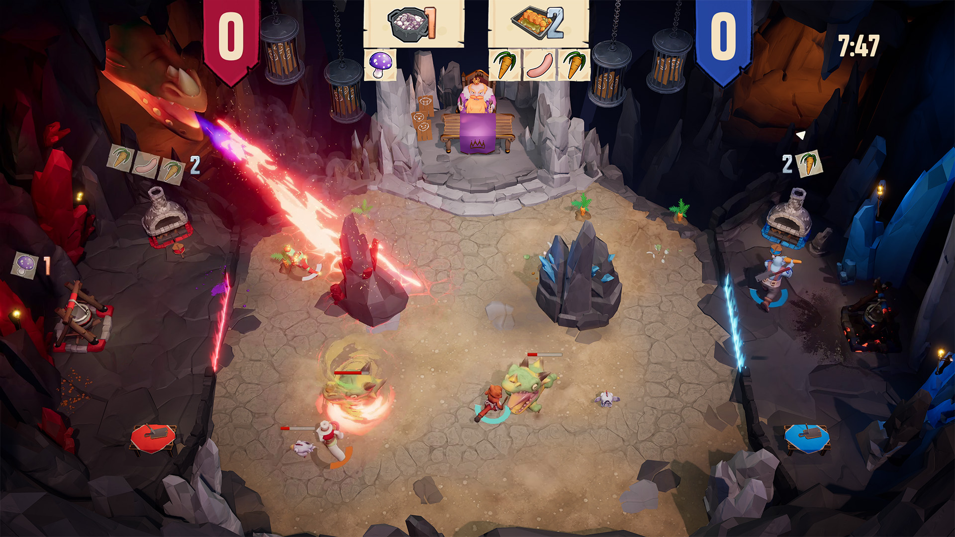 Fiery dungeon arena with monsters and glowing crystals