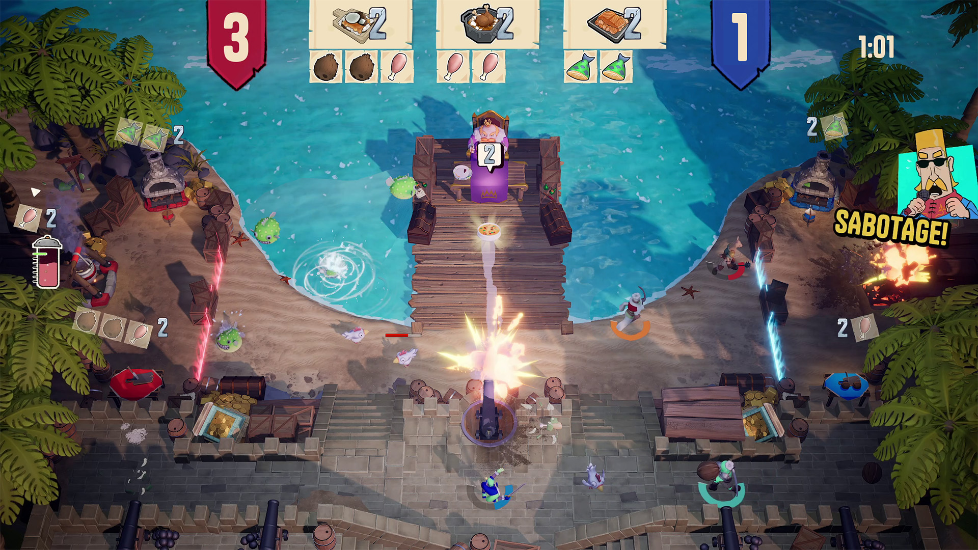 Tropical beach arena with a cannon and a big SABOTAGE callout