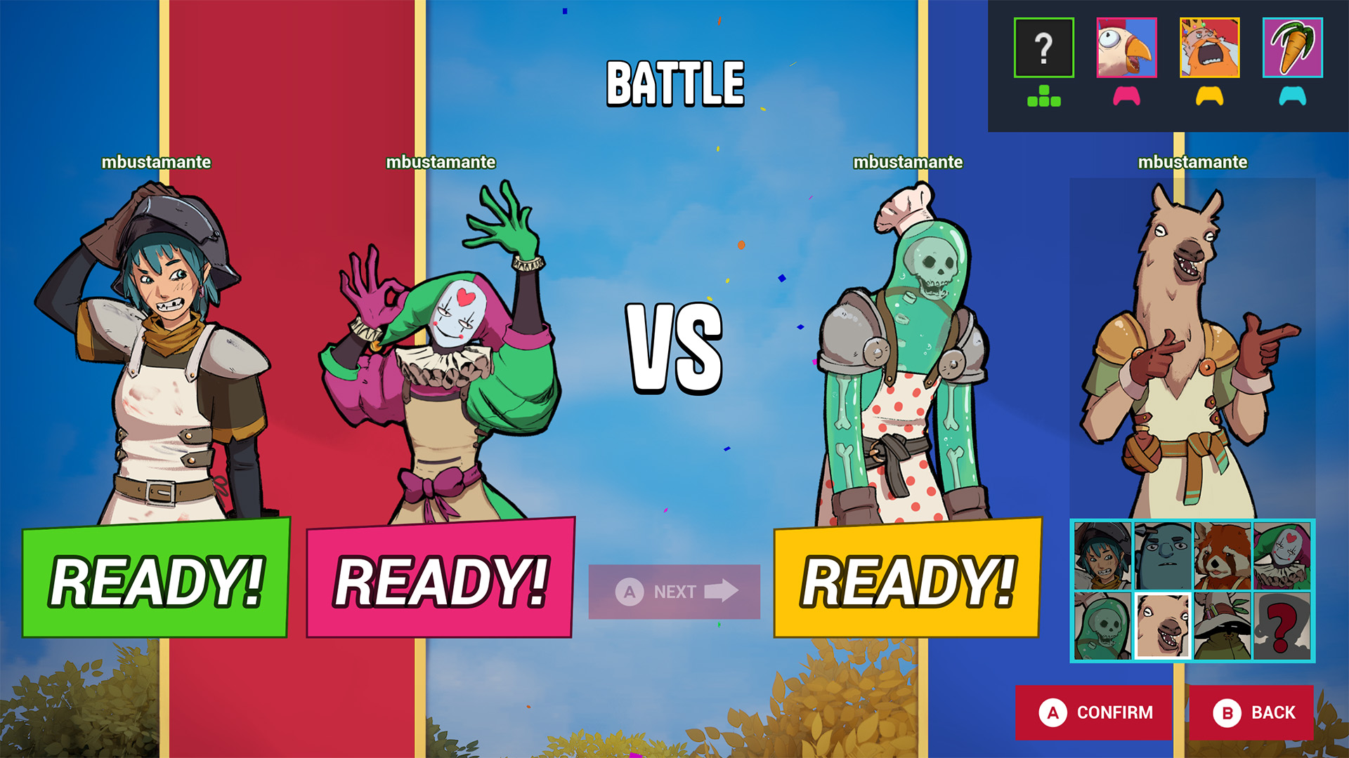 Character select BATTLE screen with four ready chefs